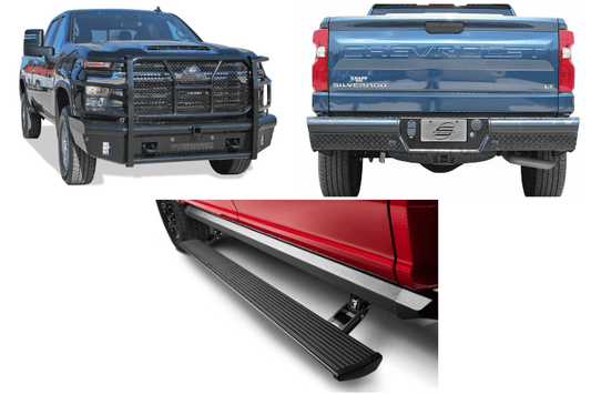 2025 Chevy Silverado 2500HD Complete Protection Kit with rugged Steelcraft bumpers and sleek AMP Research power steps