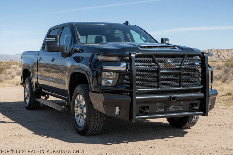 2025 Chevy Silverado 2500HD Complete Protection Kit with rugged Steelcraft bumpers and sleek AMP Research power steps