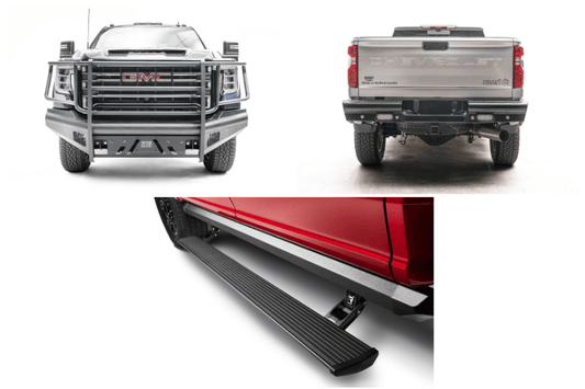 Upgraded 2023 GMC Sierra 2500HD featuring tough Fab Fours bumpers and sleek AMP Research steps