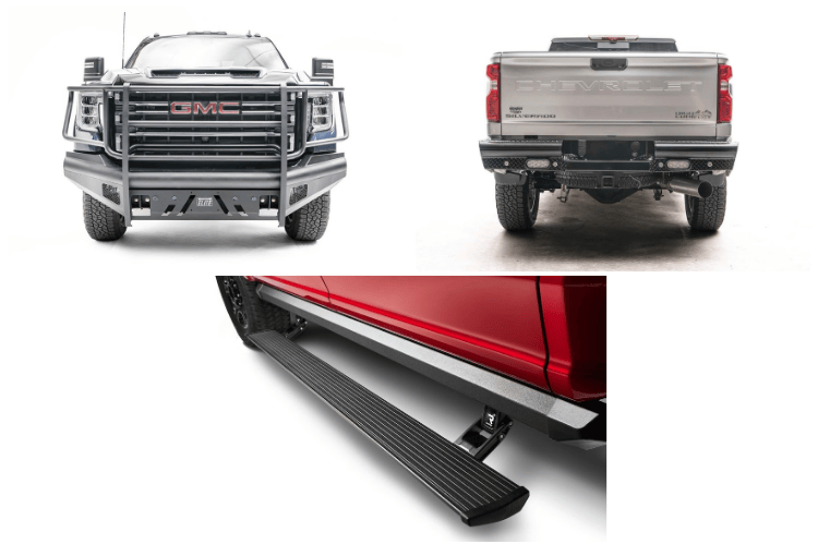Upgraded 2023 GMC Sierra 2500HD featuring tough Fab Fours bumpers and sleek AMP Research steps