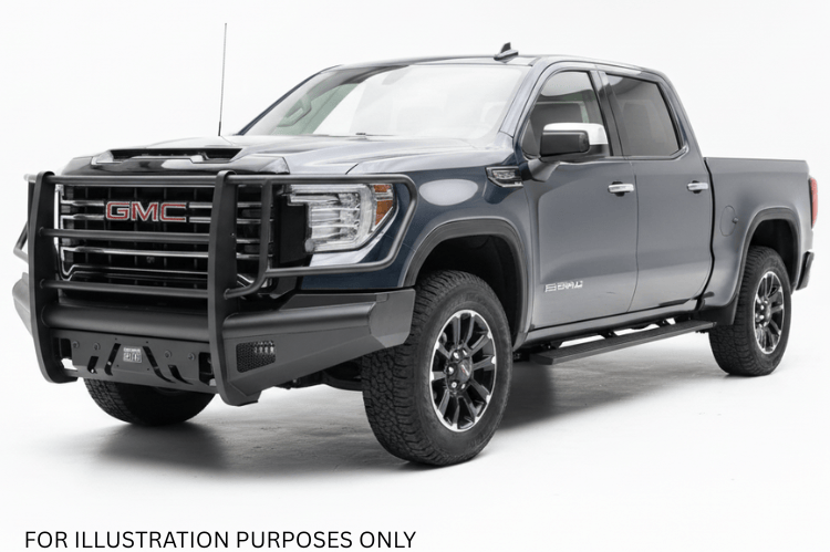 Upgraded 2023 GMC Sierra 2500HD featuring tough Fab Fours bumpers and sleek AMP Research steps