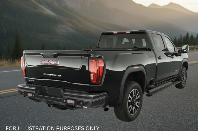 Upgraded 2023 GMC Sierra 2500HD featuring tough Fab Fours bumpers and sleek AMP Research steps