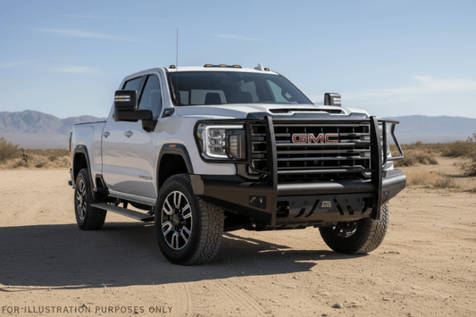 Upgraded 2023 GMC Sierra 2500HD featuring tough Fab Fours bumpers and sleek AMP Research steps