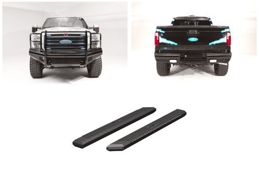 2016 F250 Super Duty outfitted with Fab Fours bumpers and Aries steps, giving the truck a tough, battle-ready look