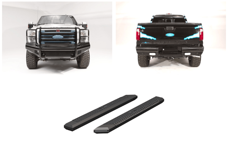 2016 F250 Super Duty outfitted with Fab Fours bumpers and Aries steps, giving the truck a tough, battle-ready look