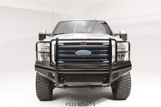 2016 F250 Super Duty outfitted with Fab Fours bumpers and Aries steps, giving the truck a tough, battle-ready look