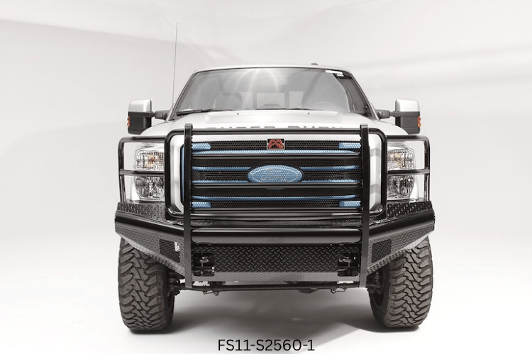 2016 F250 Super Duty outfitted with Fab Fours bumpers and Aries steps, giving the truck a tough, battle-ready look