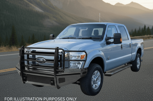 2016 F250 Super Duty outfitted with Fab Fours bumpers and Aries steps, giving the truck a tough, battle-ready look