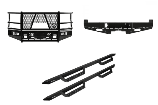 Bold 2022 Ford F250 equipped with Ranch Hand bumpers and Raptor Series steps for off-road and work-ready performance