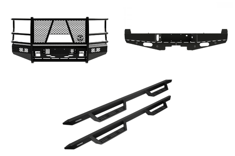 Bold 2022 Ford F250 equipped with Ranch Hand bumpers and Raptor Series steps for off-road and work-ready performance