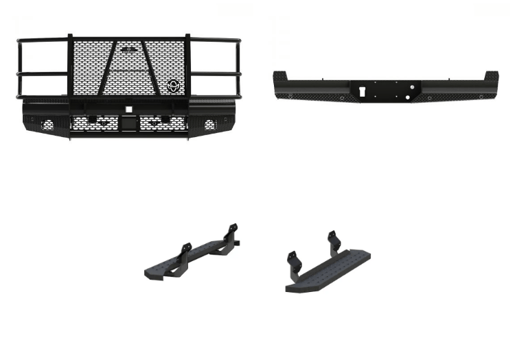 Work-ready 2023 Ford F250 Super Duty complete protection kit with Ranch Hand bumpers and Aries steps upgrade