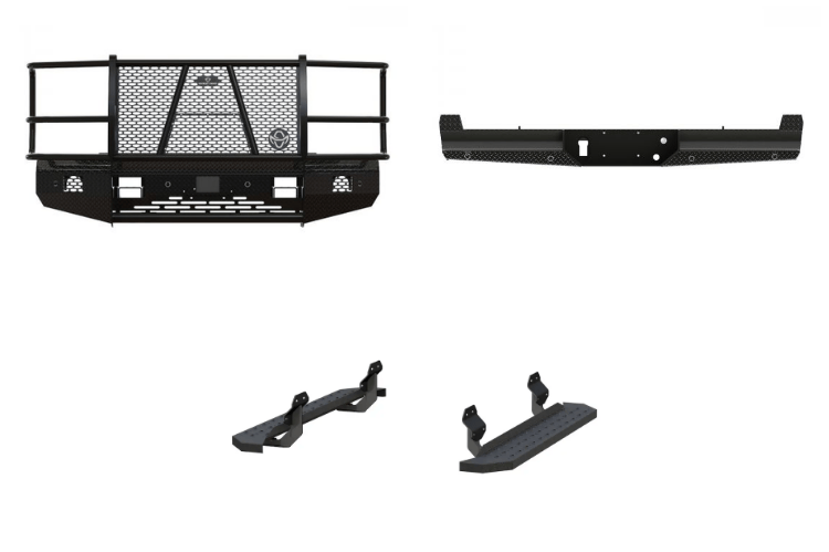 2024 Ford F250 truck equipped with Ranch Hand steel bumpers and Aries steps for strong, reliable performance