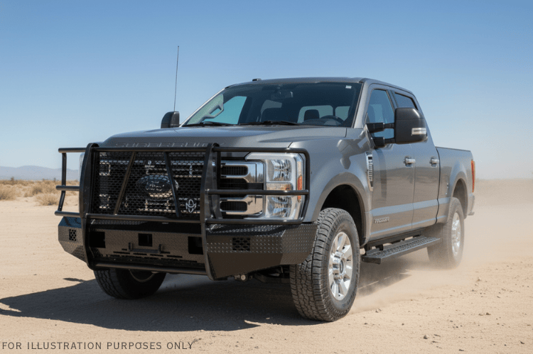 2024 Ford F250 truck equipped with Ranch Hand steel bumpers and Aries steps for strong, reliable performance