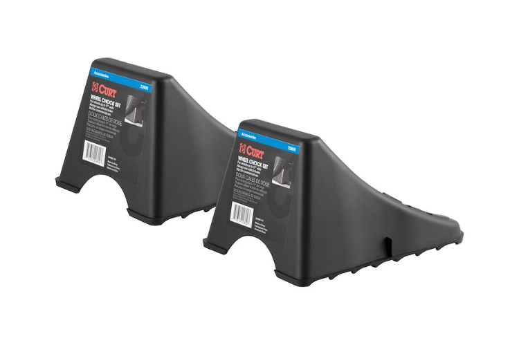 CURT Wheel Chock Set 22800 for securing vehicles with up to 17-inch wide wheels