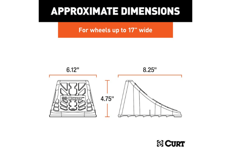CURT Wheel Chock Set 22800 for securing vehicles with up to 17-inch wide wheels