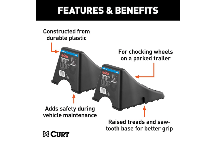 CURT Wheel Chock Set 22800 for securing vehicles with up to 17-inch wide wheels