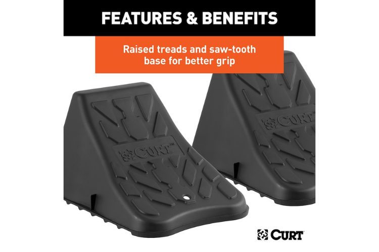 CURT Wheel Chock Set 22800 for securing vehicles with up to 17-inch wide wheels