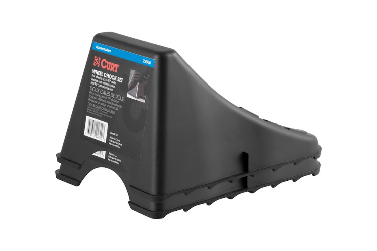 CURT Wheel Chock Set 22800 for securing vehicles with up to 17-inch wide wheels