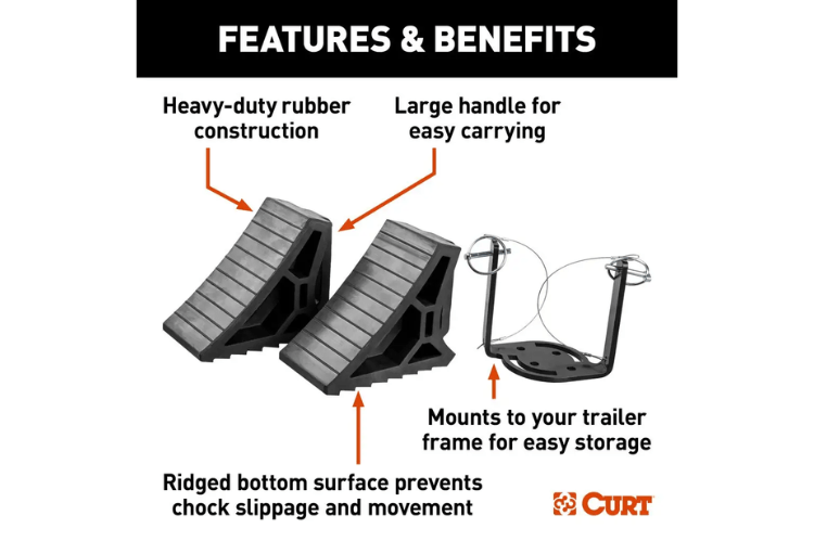 CURT Mountable Wheel Chocks 2-Pack 22802, durable mountable wheel chocks designed for secure trailer parking and dependable heavy duty wheel chock performance