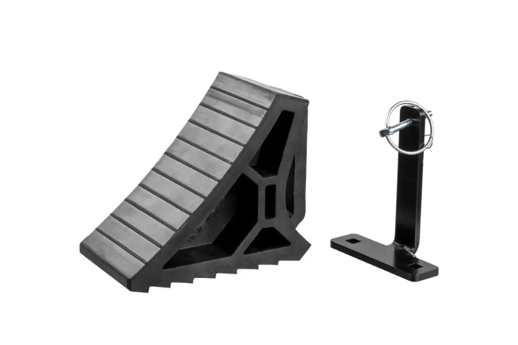 CURT Heavy Duty Wheel Chock with Mounting Bracket 22803 prevents tire movement on RVs and trailers