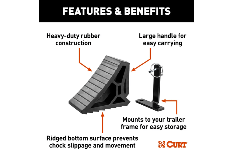 CURT Heavy Duty Wheel Chock with Mounting Bracket 22803 prevents tire movement on RVs and trailers