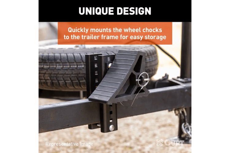 CURT Heavy Duty Wheel Chock with Mounting Bracket 22803 prevents tire movement on RVs and trailers