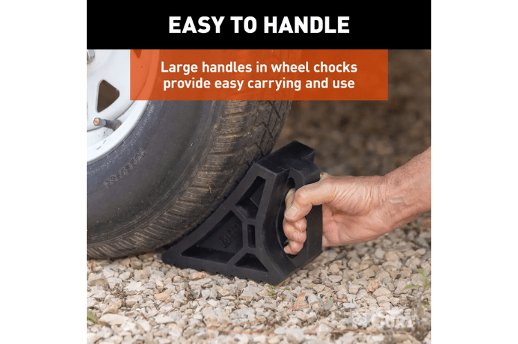 CURT Heavy Duty Wheel Chock with Mounting Bracket 22803 prevents tire movement on RVs and trailers