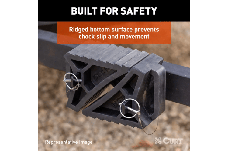 CURT Heavy Duty Wheel Chock with Mounting Bracket 22803 prevents tire movement on RVs and trailers