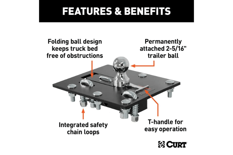 CURT folding ball gooseneck hitch 61052 for 2011-2019 Chevy Silverado 2500 and 3500 HD trucks, a durable over-bed towing solution