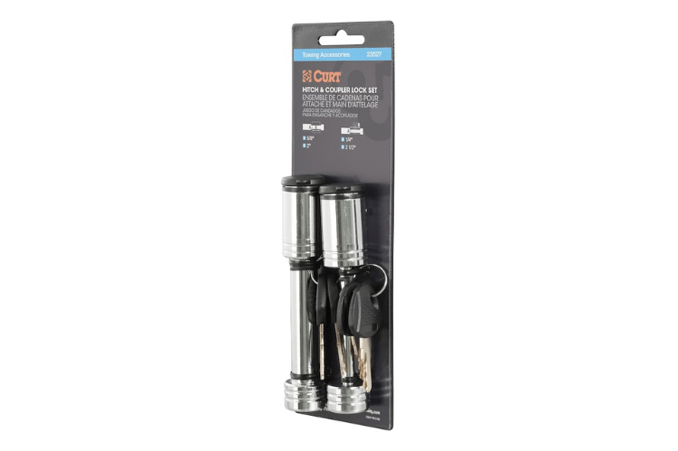 Curt Receiver Lock 23527 with 5/8-inch pin and 2-1/2-inch span, a durable trailer hitch lock and hitch receiver lock for secure towing and theft prevention.