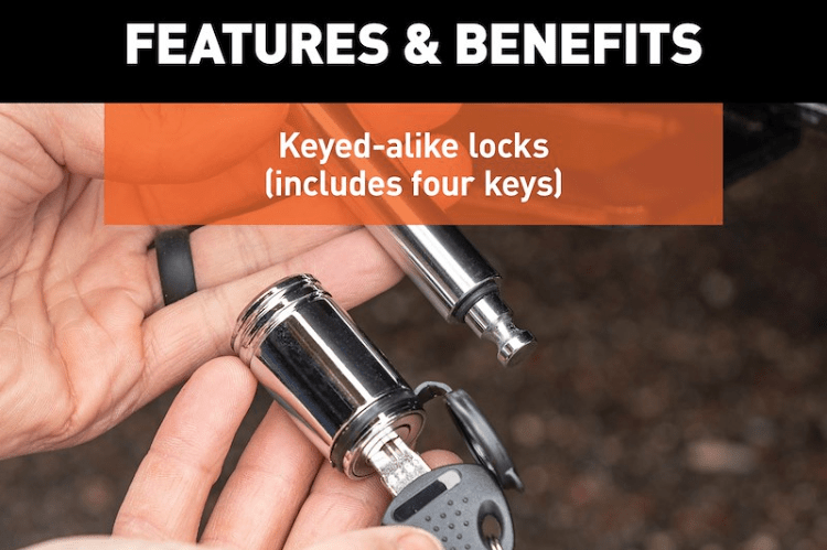 Curt Receiver Lock 23527 with 5/8-inch pin and 2-1/2-inch span, a durable trailer hitch lock and hitch receiver lock for secure towing and theft prevention.