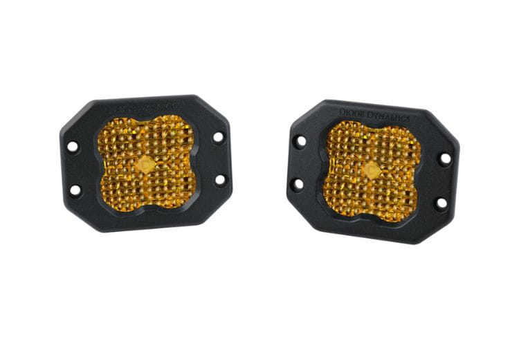 Flood pod light DD6925P by Diode Dynamics displays a creative look at the yellow sport series flush mount bumper pair here