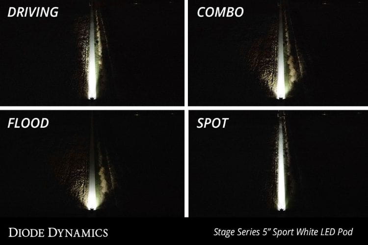 Yellow LED pod lights DD6773S by Diode Dynamics provide a high-output 5" sport flood beam to pierce through thick fog or dust