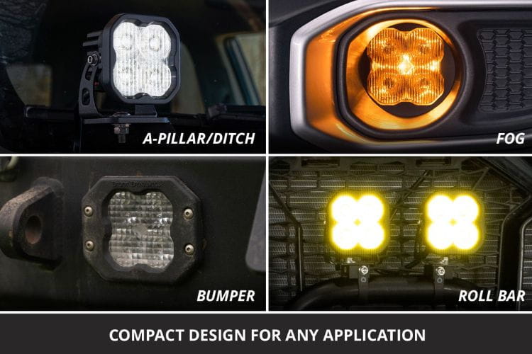 LED yellow pod lights DD6923P by Diode Dynamics feature a creative look at this clean sae driving flush mount bumper pair