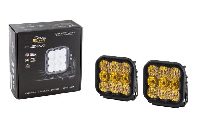 Diode Dynamics pod lights DD6777P SS5 Pro yellow 5" spot pair deliver elite precision for dark off-road treks
