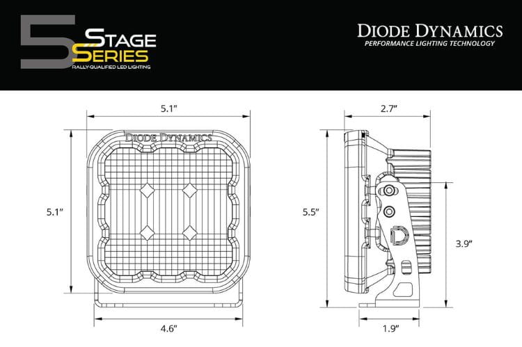 Diode Dynamics pod lights DD6777S deliver a single 5" yellow SS5 Pro spot beam for masterful nighttime off-road truck builds
