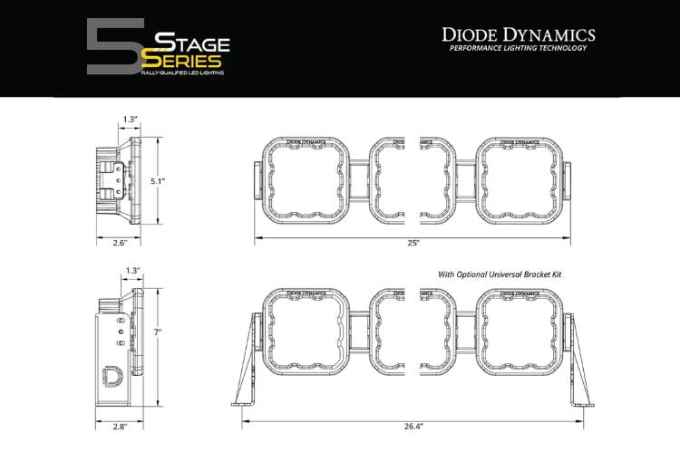 Offroad LED light bar DD7253 by Diode Dynamics features a masterful 25" yellow driving beam with four elite Pro SS5 pods