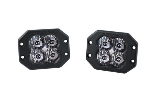 SAE driving flush mount DD6928P by Diode Dynamics features a tough flat frame built around the clear white pro pod light lens