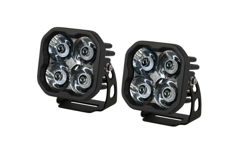 Spot beam pod light DD6861P by Diode Dynamics shows a creative, precise alignment of the intense white sport lighting pair