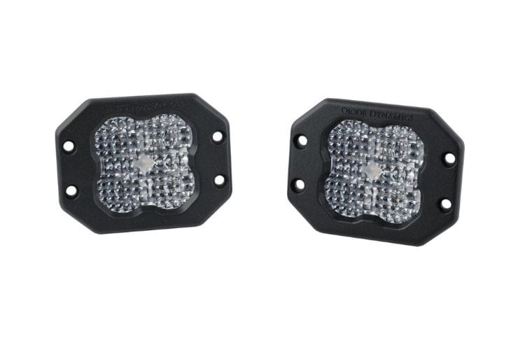 Diode Dynamics SS3 flush mount DD6916P features a creative front view of a smooth white sport flood beam auxiliary pod light