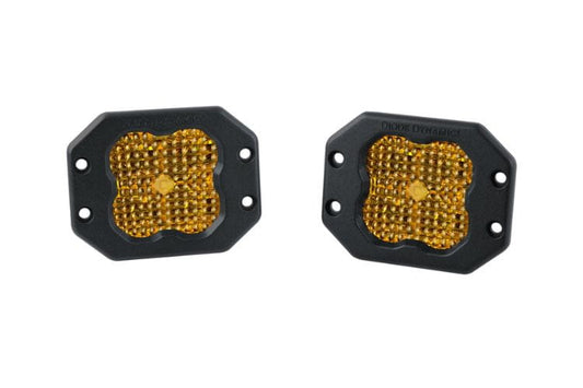 LED flood pod lights DD6941P by Diode Dynamics display a creative look at this clean yellow pro flush mount bumper pair