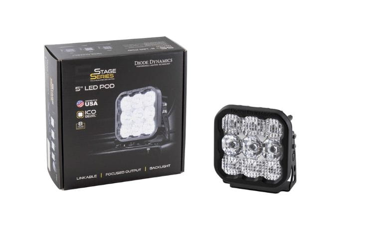 Single LED light pod DD6776S from Diode Dynamics delivers powerful 5" white pro flood lighting for superior width