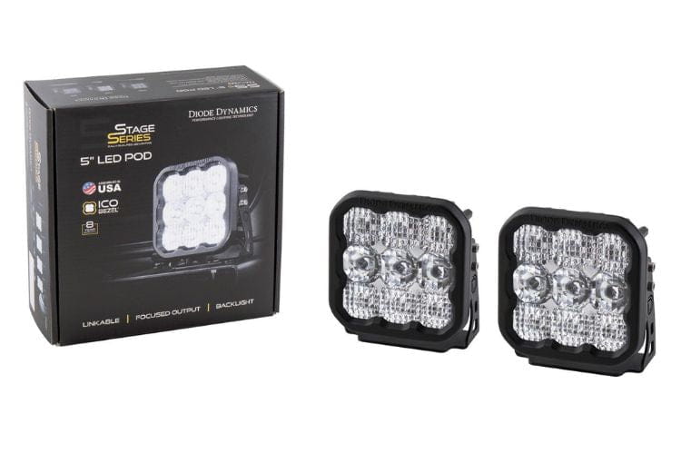 Diode Dynamics Pod Lights SS5 Pro DD6782P white driving LEDs illuminate the path ahead with a powerful, modern 5" pod design