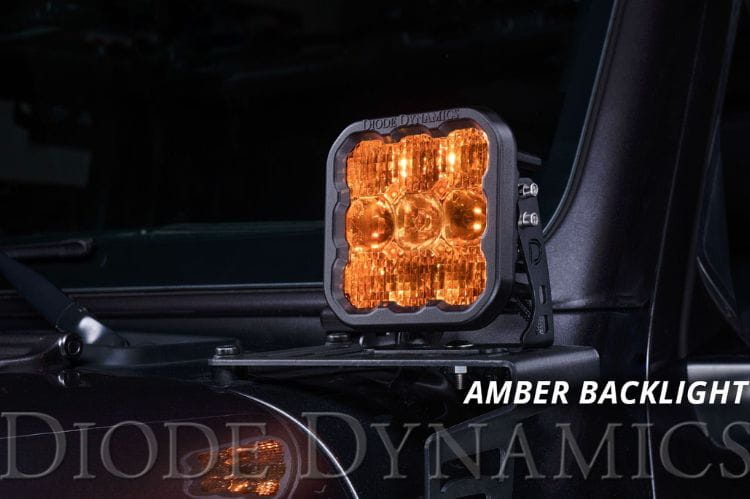 Diode Dynamics SS5 Pro DD6783P driving yellow 5-inch LED pod lights pair with wide beam for enhanced night visibility use