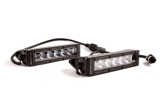 Pair of Diode Dynamics 6″ LED Light Bars Stage Series DD5014P, white single row design, providing bright and reliable driving illumination