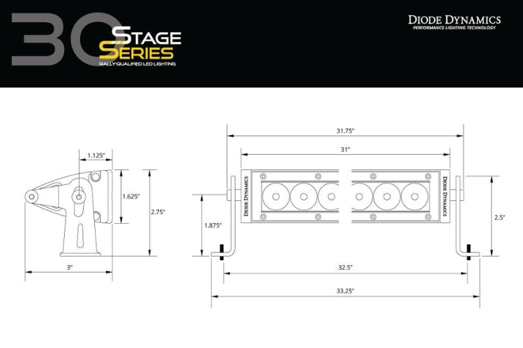 Diode Dynamics 30 LED Light Bar DD5032 Stage Series, single row white light bar with combo beam mounted on vehicle