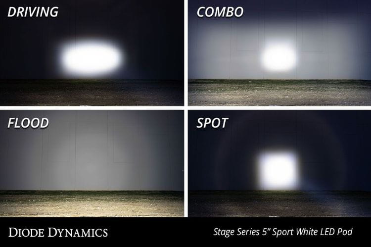 Yellow LED Pod Lights Diode Dynamics SS5 Sport DD6773P flood 5-inch pair with wide beam for off-road visibility