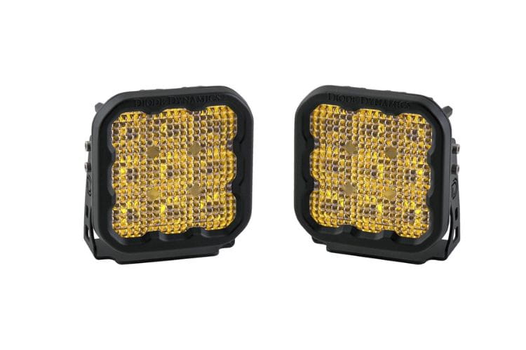 Yellow LED pod lights pair by Diode Dynamics, SS5 Pro 5" flood beam style DD6779P for ultimate off-road visibility