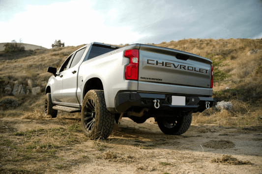 DV8 Offroad Chevy Silverado 1500 2019–2025 rear bumper RBCS1-03, heavy duty steel aftermarket rear bumper designed for back bumper replacement and off-road use