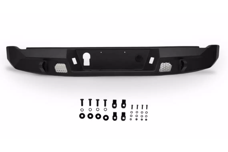 DV8 Offroad rear bumper RBCS3-01 for 2015-2022 GMC Canyon, heavy-duty steel rear bumper with off-road design.